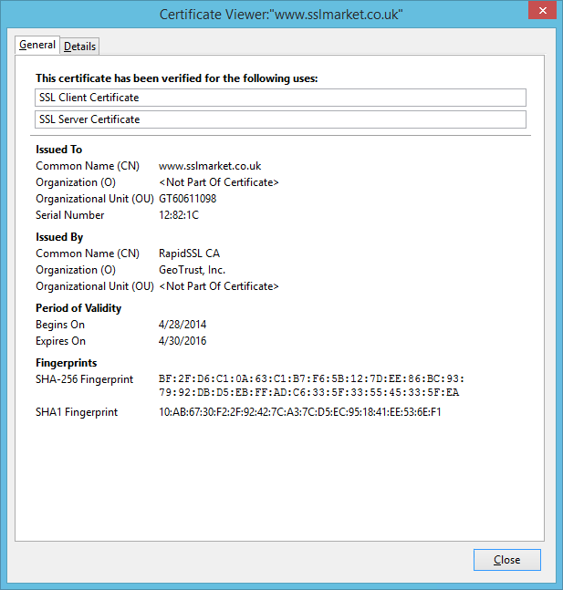 Details of certificate RapidSSL in a browser